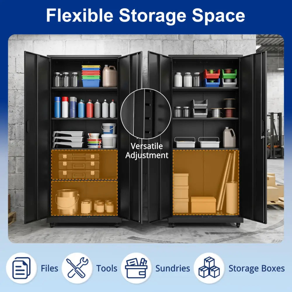 Rolling Metal Storage Cabinet 73 Inches Lockable File Cabinet with 4 Smooth Wheels-Black - Black - File Cabinets