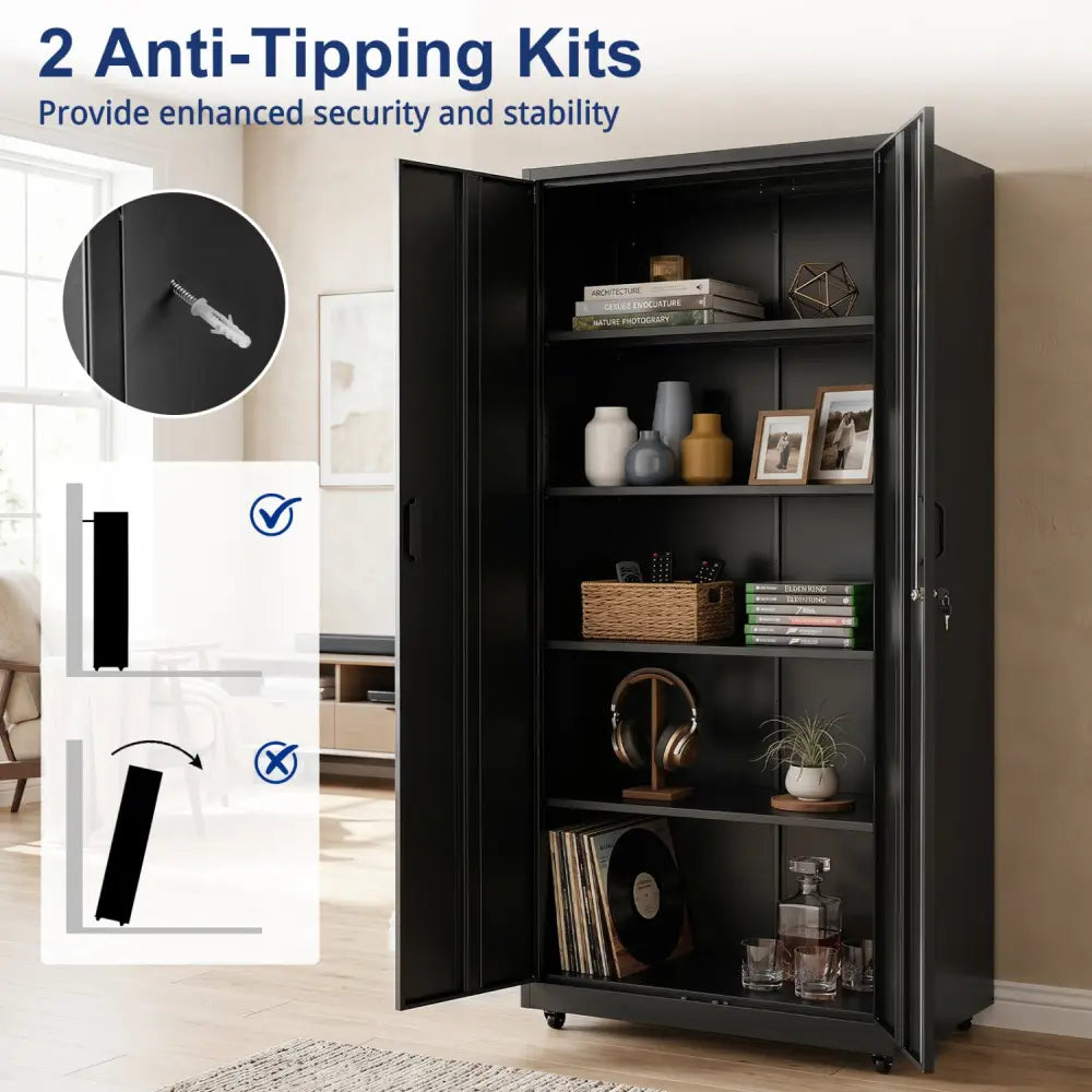 Rolling Metal Storage Cabinet 73 Inches Lockable File Cabinet with 4 Smooth Wheels-Black - Black - File Cabinets