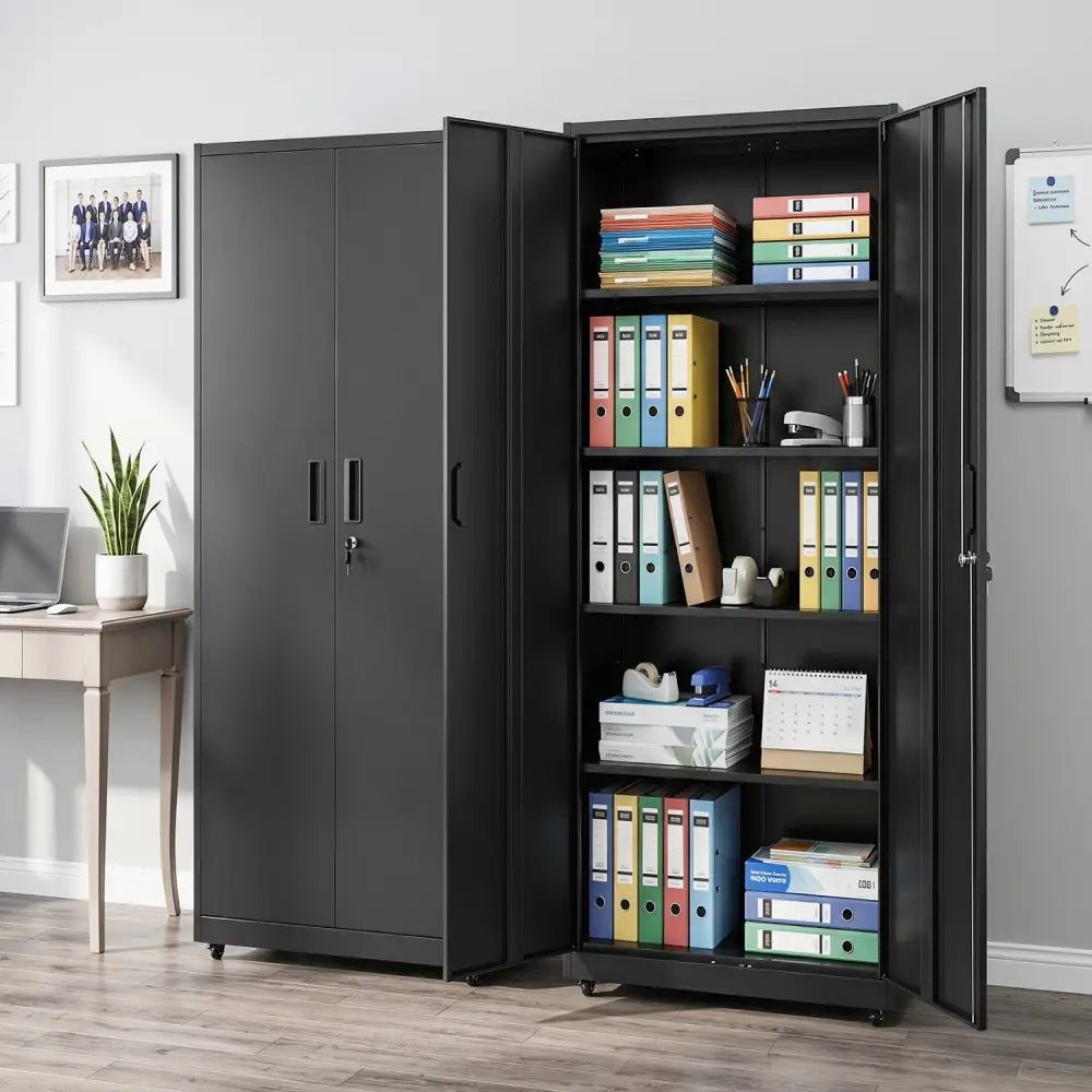 Rolling Metal Storage Cabinet 73 Inches Lockable File Cabinet with 4 Smooth Wheels-Black - Black - File Cabinets