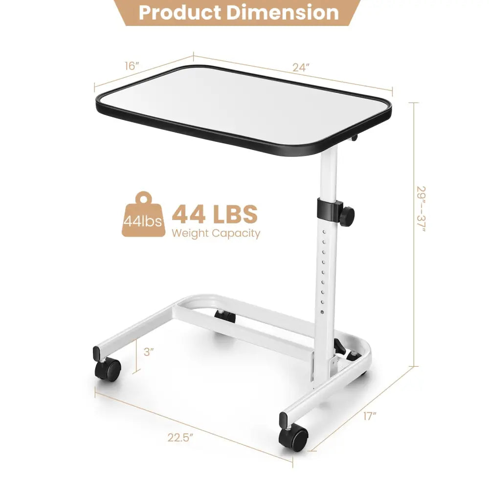 Rolling Overbed Bedside Table with 9-Level Adjustable Height - White - End & Side Tables
