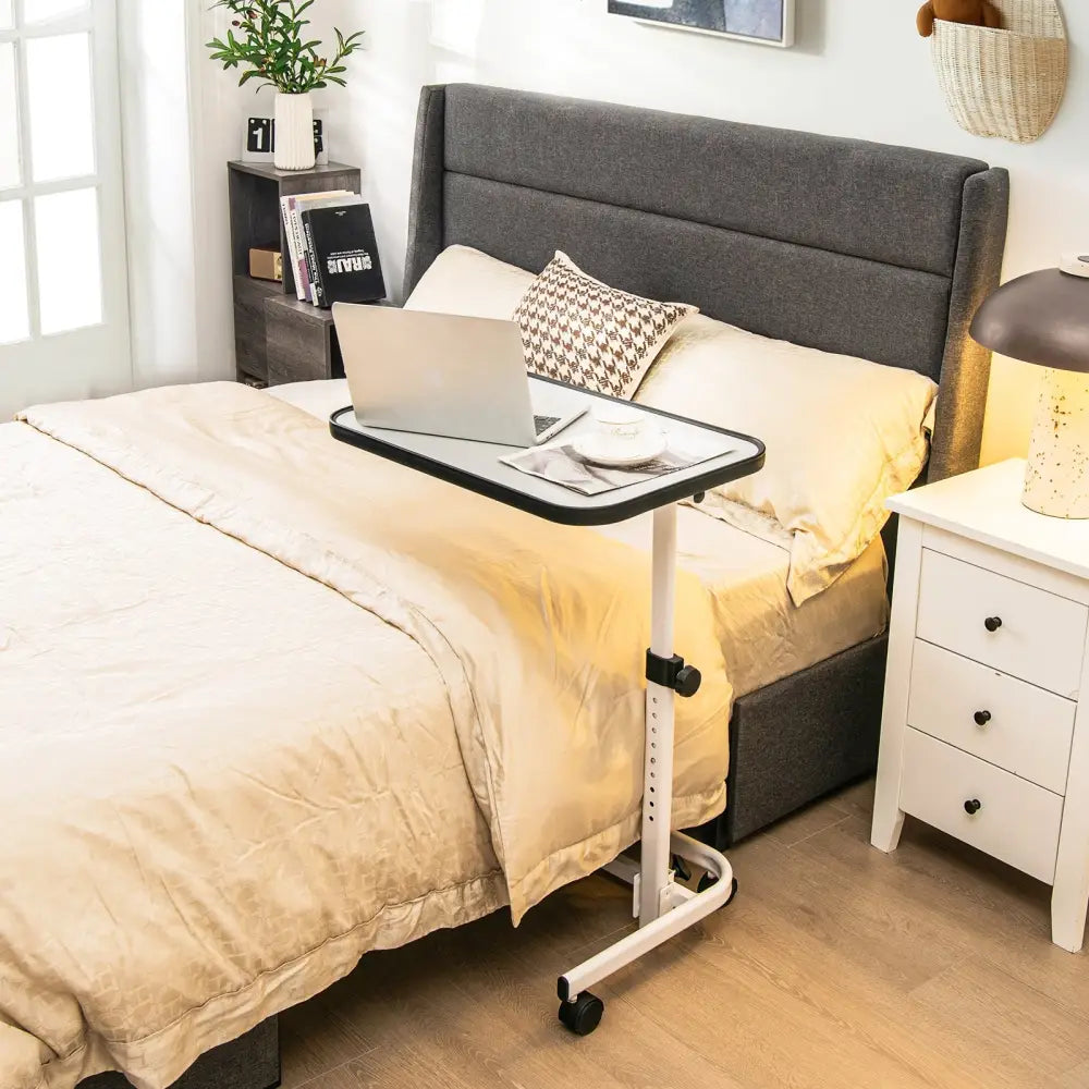 Rolling Overbed Bedside Table with 9-Level Adjustable Height - White - End & Side Tables