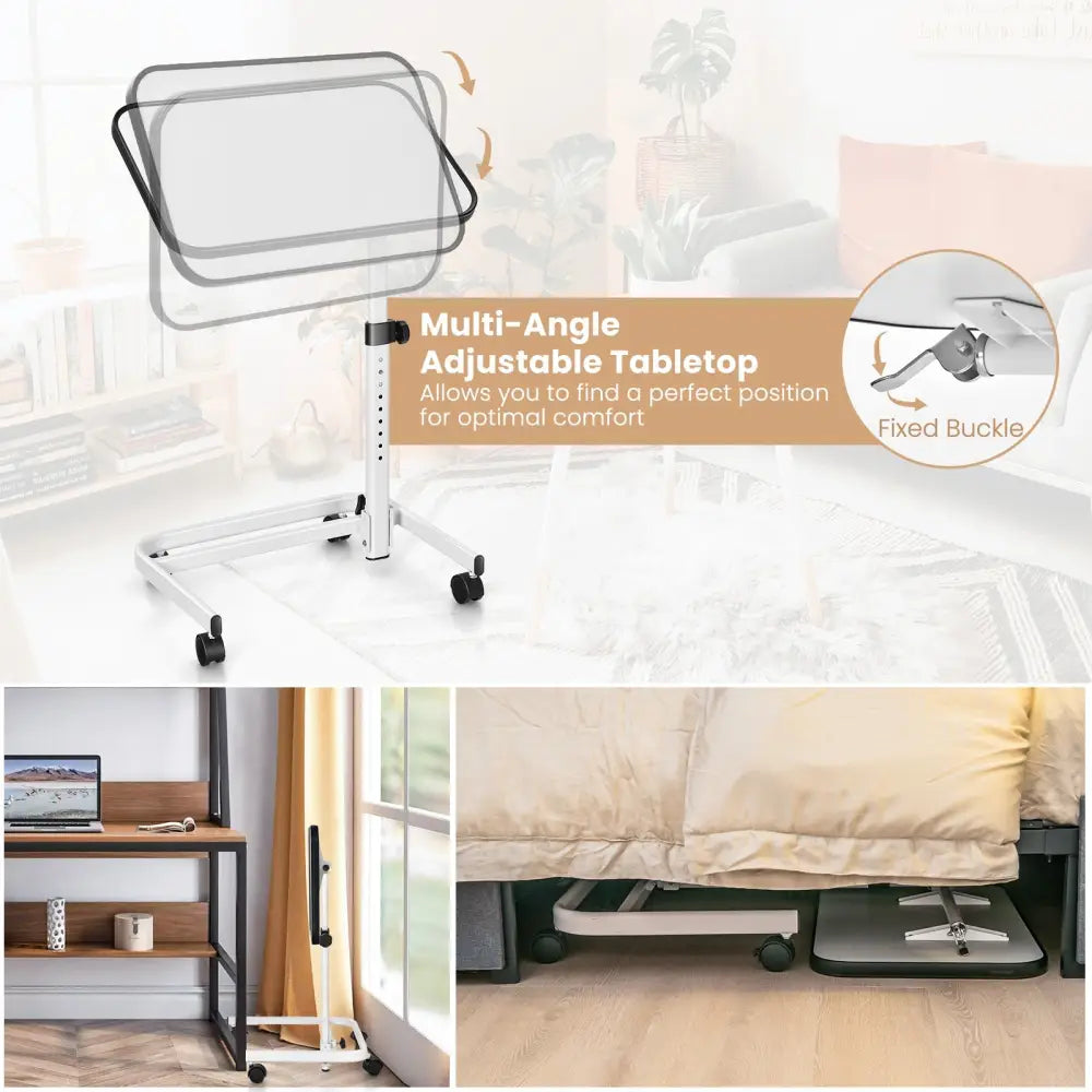 Rolling Overbed Bedside Table with 9-Level Adjustable Height - White - End & Side Tables