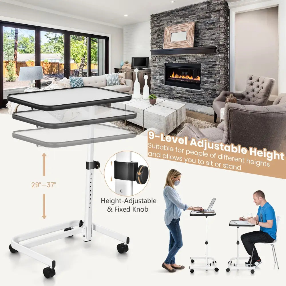 Rolling Overbed Bedside Table with 9-Level Adjustable Height - White - End & Side Tables