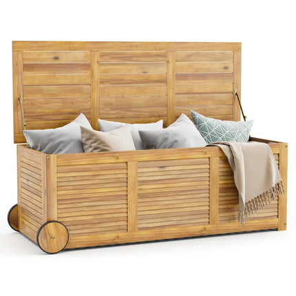 Rolling Patio Wooden Deck Box with 2 Wheels and Side Handle for Outdoor - Natural - Sheds & Outdoor Storage