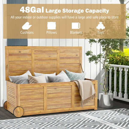 Rolling Patio Wooden Deck Box with 2 Wheels and Side Handle for Outdoor - Natural - Sheds & Outdoor Storage