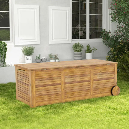 Rolling Patio Wooden Deck Box with 2 Wheels and Side Handle for Outdoor - Natural - Sheds & Outdoor Storage