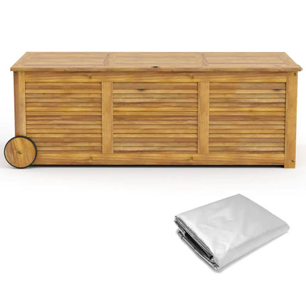 Rolling Patio Wooden Deck Box with 2 Wheels and Side Handle for Outdoor - Natural - Sheds & Outdoor Storage