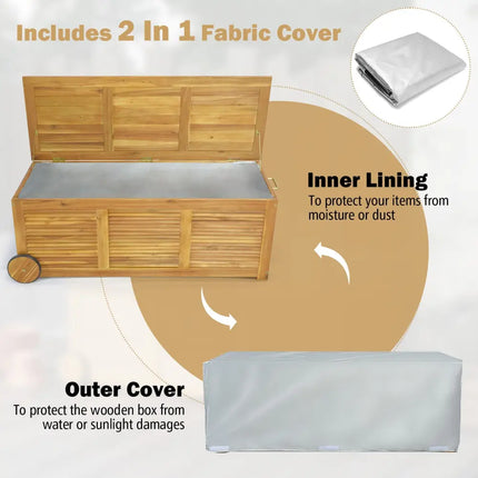Rolling Patio Wooden Deck Box with 2 Wheels and Side Handle for Outdoor - Natural - Sheds & Outdoor Storage