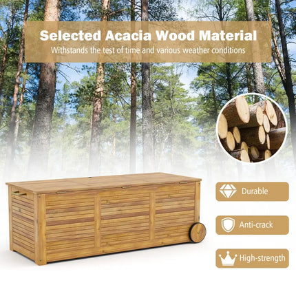 Rolling Patio Wooden Deck Box with 2 Wheels and Side Handle for Outdoor - Natural - Sheds & Outdoor Storage