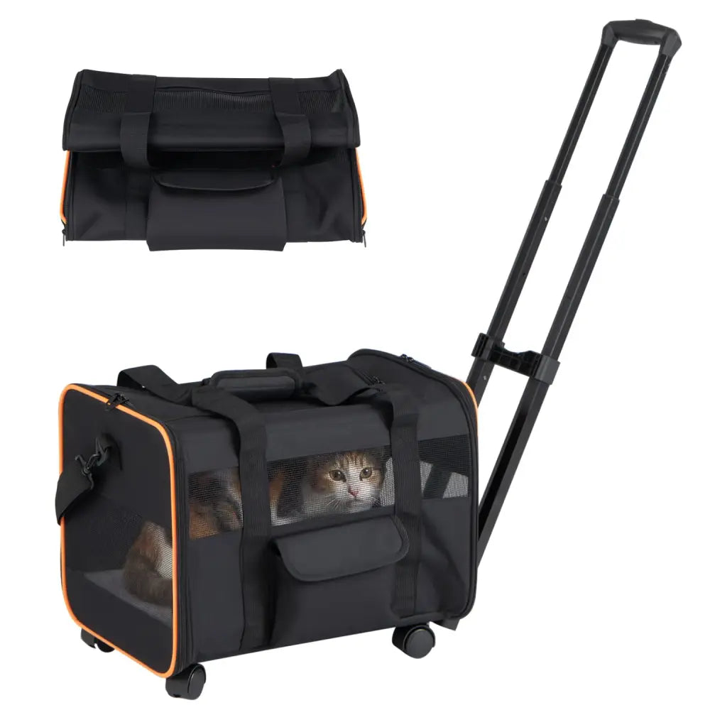 Rolling Pet Carrier Foldable Soft-sided Dog Travel Crate - Black - Dog Supplies