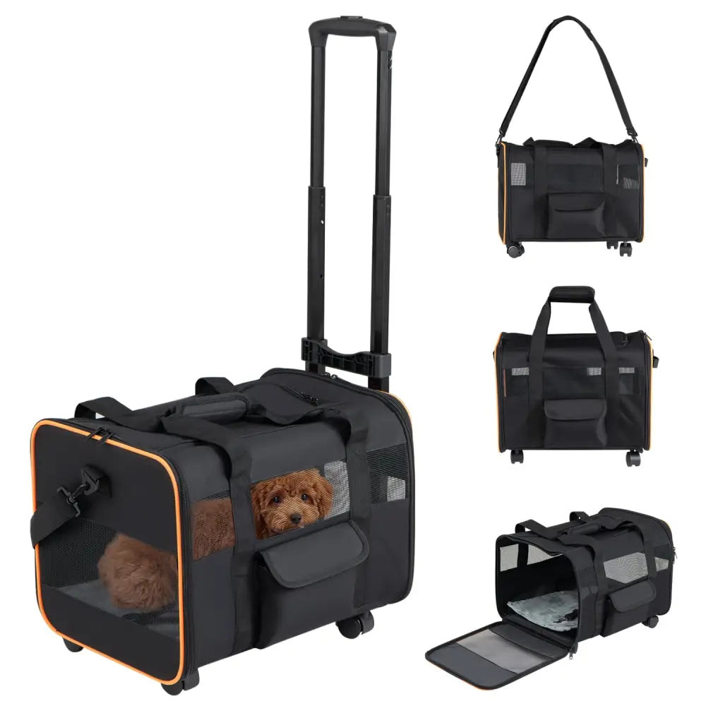 Rolling Pet Carrier Foldable Soft-sided Dog Travel Crate - Black - Dog Supplies