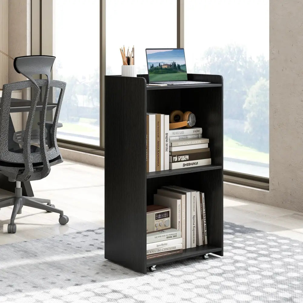 Rolling Podium Stand with 2 Shelves and Lockable Wheels-Black - Black - Cabinets & Chests