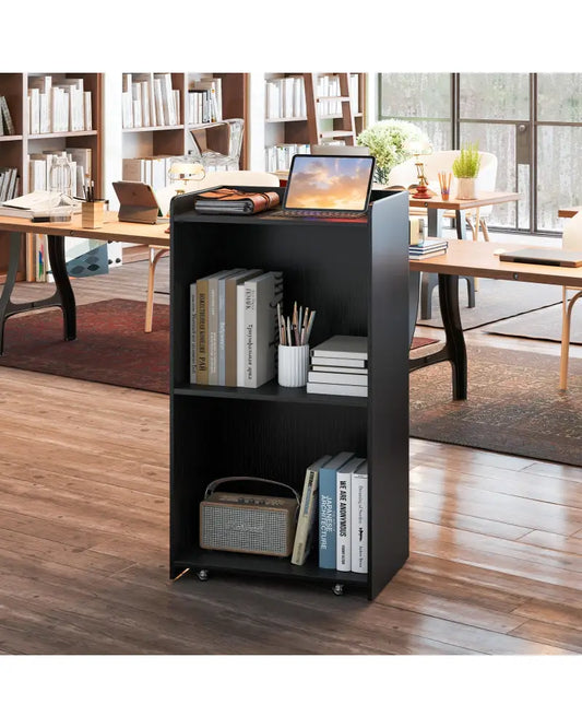 Rolling Podium Stand with 2 Shelves and Lockable Wheels-Black - Black - Cabinets & Chests