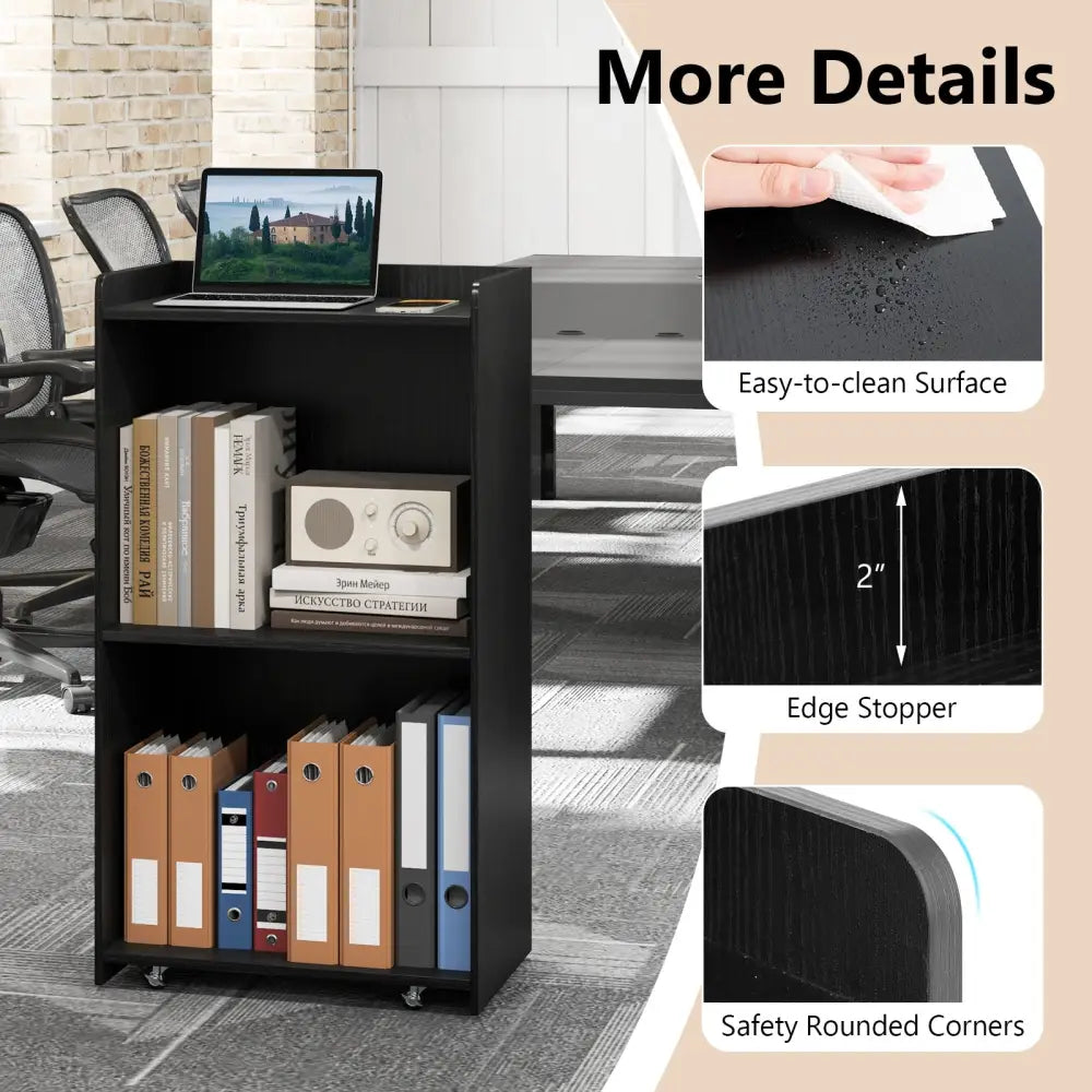 Rolling Podium Stand with 2 Shelves and Lockable Wheels-Black - Black - Cabinets & Chests
