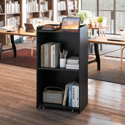 Rolling Podium Stand with 2 Shelves and Lockable Wheels-Black - Black - Cabinets & Chests