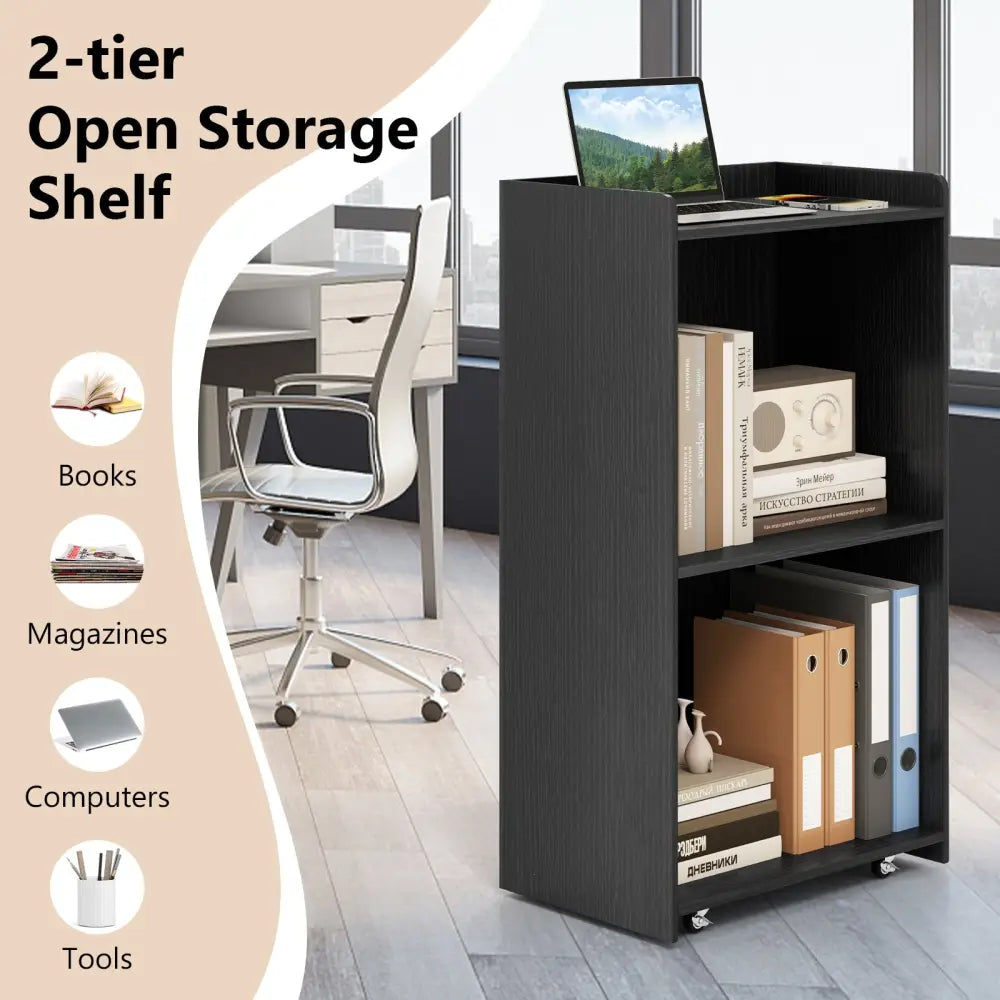 Rolling Podium Stand with 2 Shelves and Lockable Wheels-Black - Black - Cabinets & Chests