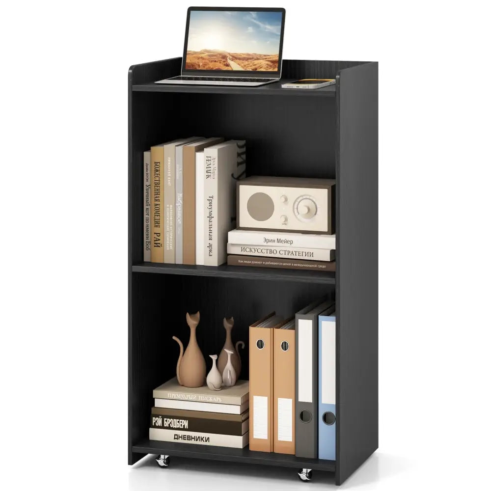 Rolling Podium Stand with 2 Shelves and Lockable Wheels-Black - Black - Cabinets & Chests