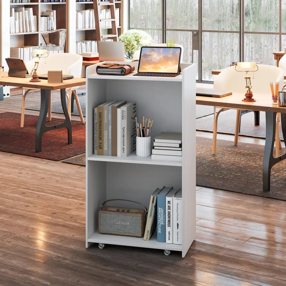 Rolling Podium Stand with 2 Shelves and Lockable Wheels-White - White - Cabinets & Chests