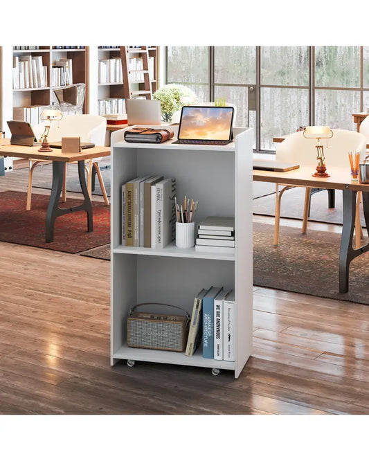 Rolling Podium Stand with 2 Shelves and Lockable Wheels-White - White - Cabinets & Chests