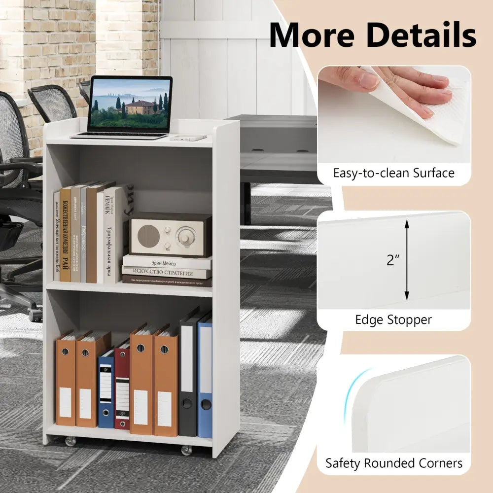 Rolling Podium Stand with 2 Shelves and Lockable Wheels-White - White - Cabinets & Chests