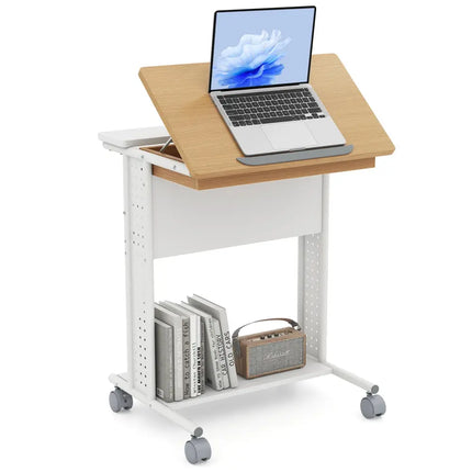 Rolling Portable Desk Laptop Desk with Tilting Tabletop Hidden Compartment-Natural - Natural - Computer Desks