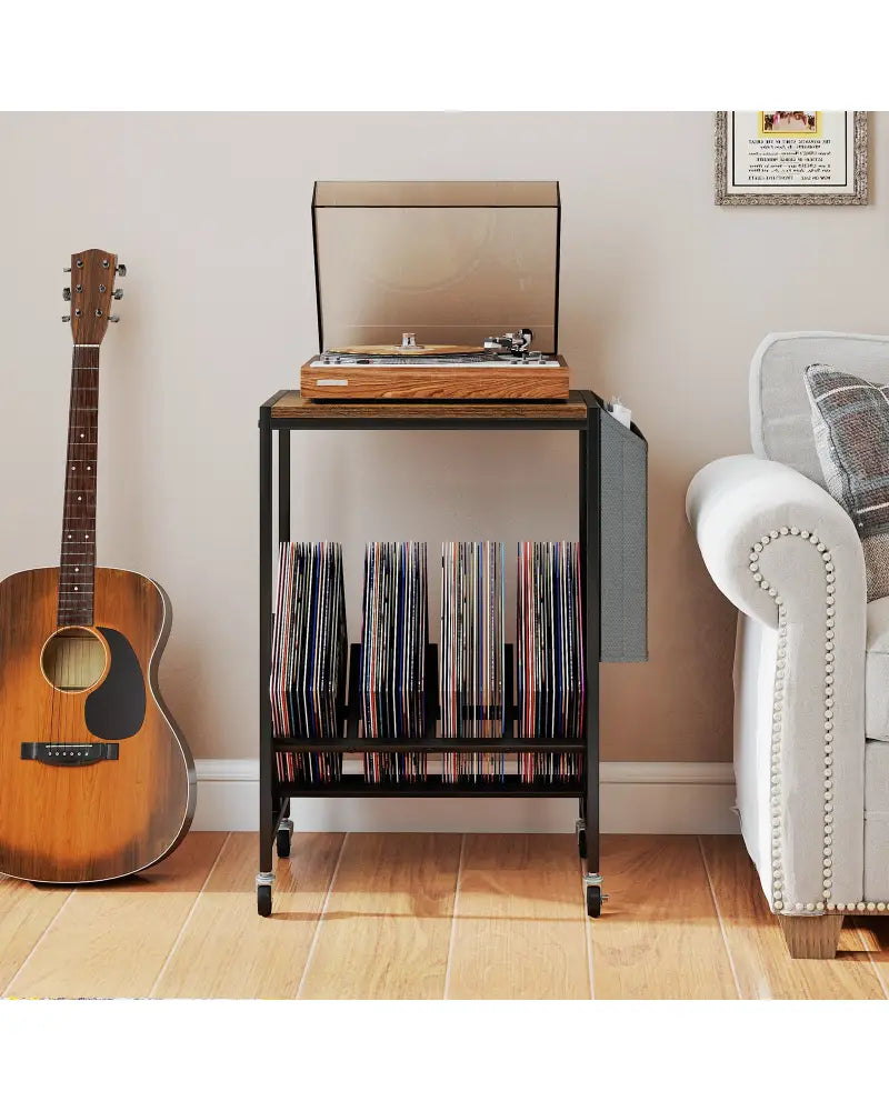 Rolling Record Player Stand 2-Tier with Vinyl Storage and Magazine Holder Bag-Rustic Brown - Rustic Brown - End & Side