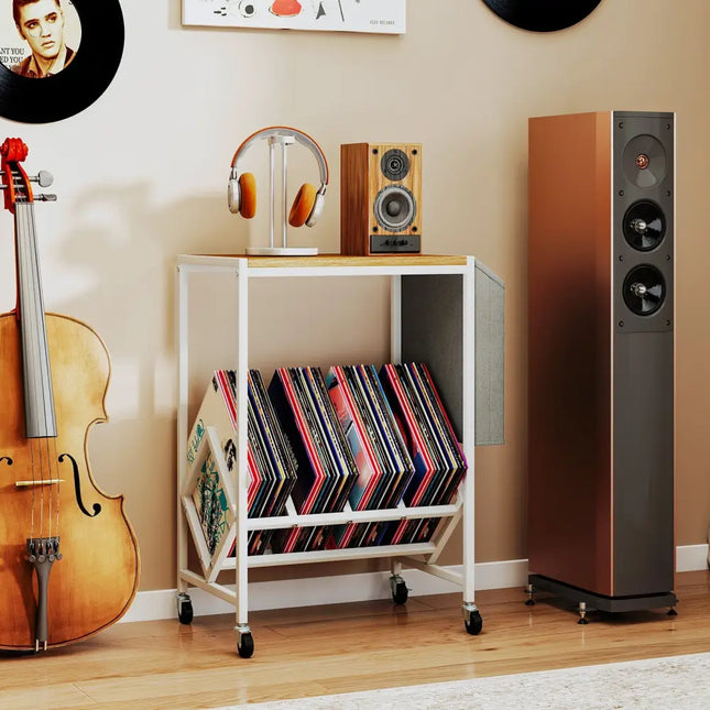 Rolling Record Player Stand 2-Tier with Vinyl Storage and Magazine Holder Bag-Natural - Natural - End & Side Tables