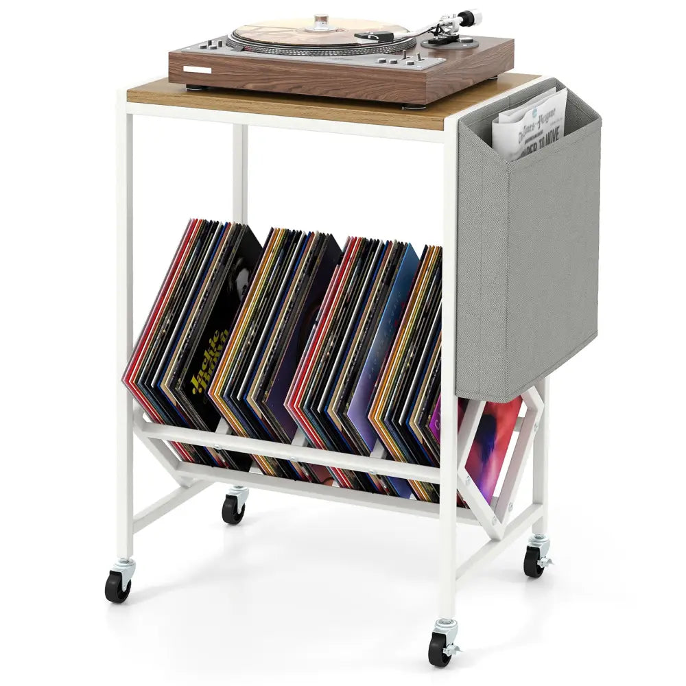 Rolling Record Player Stand 2-Tier with Vinyl Storage and Magazine Holder Bag-Natural - Natural - End & Side Tables