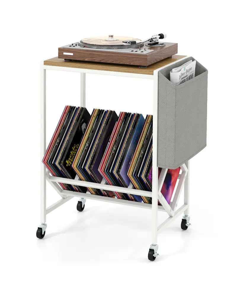 Rolling Record Player Stand 2-Tier with Vinyl Storage and Magazine Holder Bag-Natural - Natural - End & Side Tables