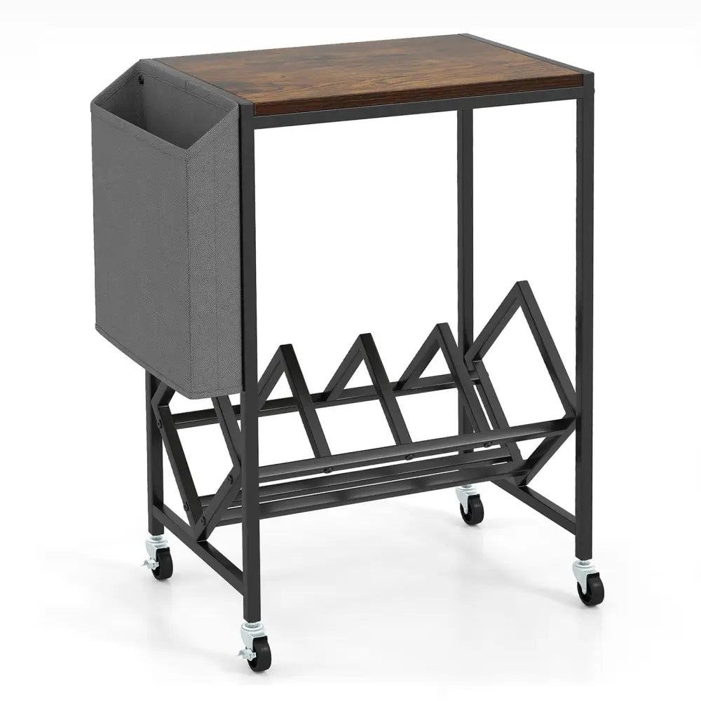 Rolling Record Player Stand 2-Tier with Vinyl Storage and Magazine Holder Bag-Rustic Brown - Rustic Brown - End & Side