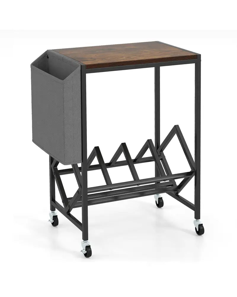 Rolling Record Player Stand 2-Tier with Vinyl Storage and Magazine Holder Bag-Rustic Brown - Rustic Brown - End & Side