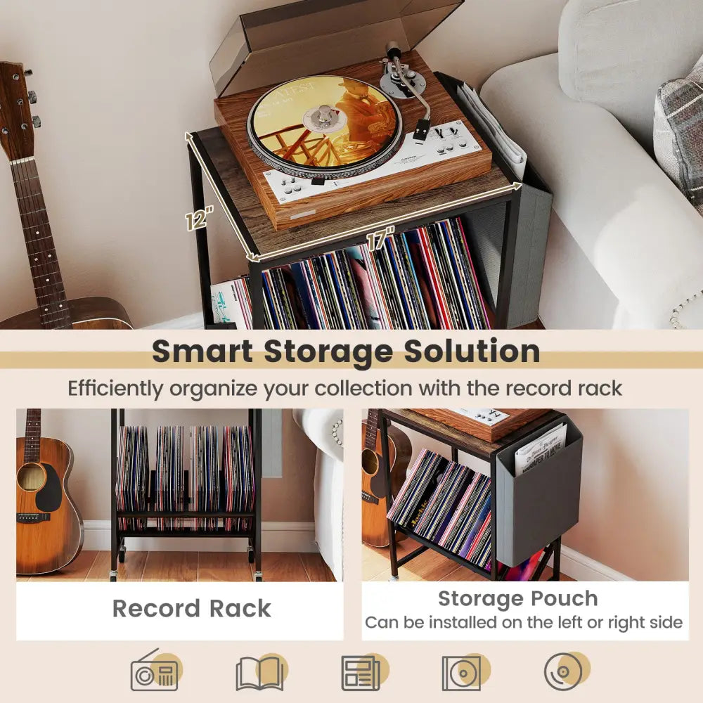 Rolling Record Player Stand 2-Tier with Vinyl Storage and Magazine Holder Bag-Rustic Brown - Rustic Brown - End & Side