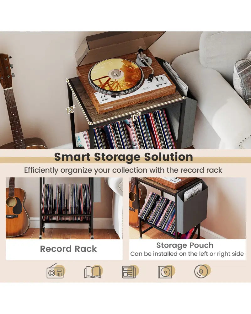 Rolling Record Player Stand 2-Tier with Vinyl Storage and Magazine Holder Bag-Rustic Brown - Rustic Brown - End & Side