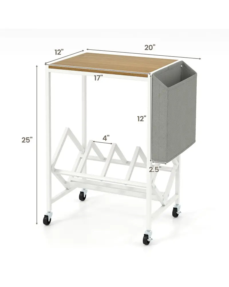Rolling Record Player Stand 2-Tier with Vinyl Storage and Magazine Holder Bag-Natural - Natural - End & Side Tables