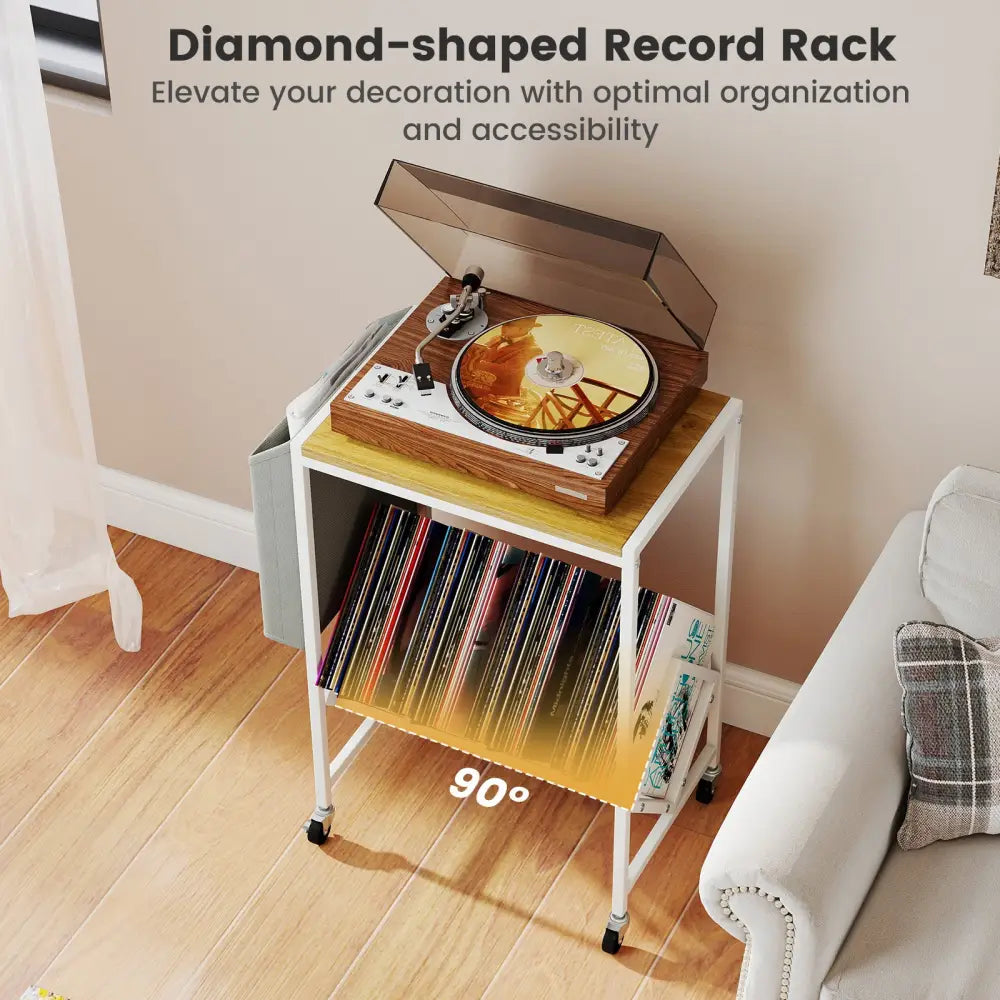 Rolling Record Player Stand 2-Tier with Vinyl Storage and Magazine Holder Bag-Natural - Natural - End & Side Tables
