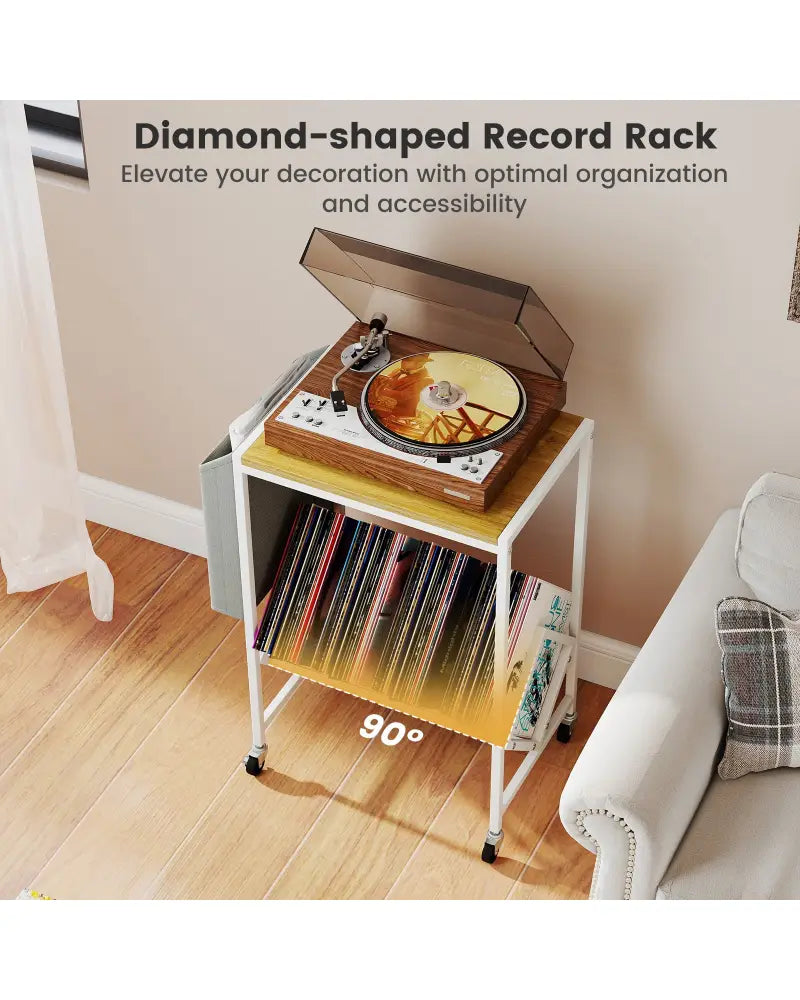 Rolling Record Player Stand 2-Tier with Vinyl Storage and Magazine Holder Bag-Natural - Natural - End & Side Tables