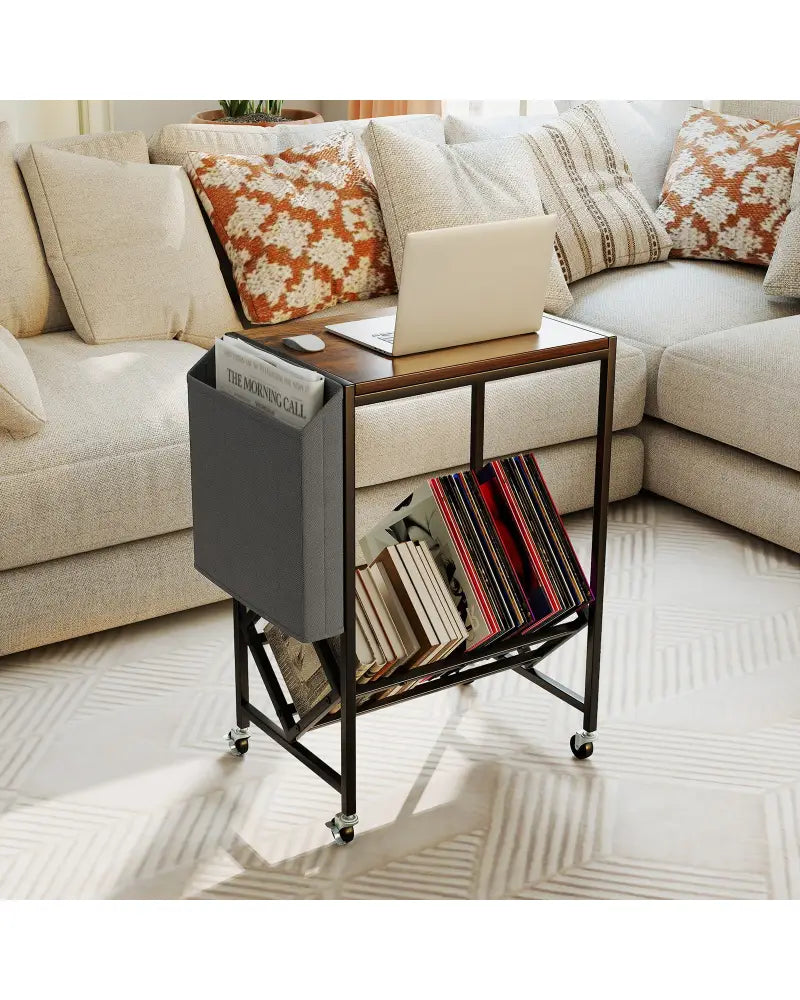 Rolling Record Player Stand 2-Tier with Vinyl Storage and Magazine Holder Bag-Rustic Brown - Rustic Brown - End & Side