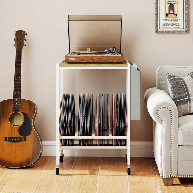Rolling Record Player Stand 2-Tier with Vinyl Storage and Magazine Holder Bag-Natural - Natural - End & Side Tables