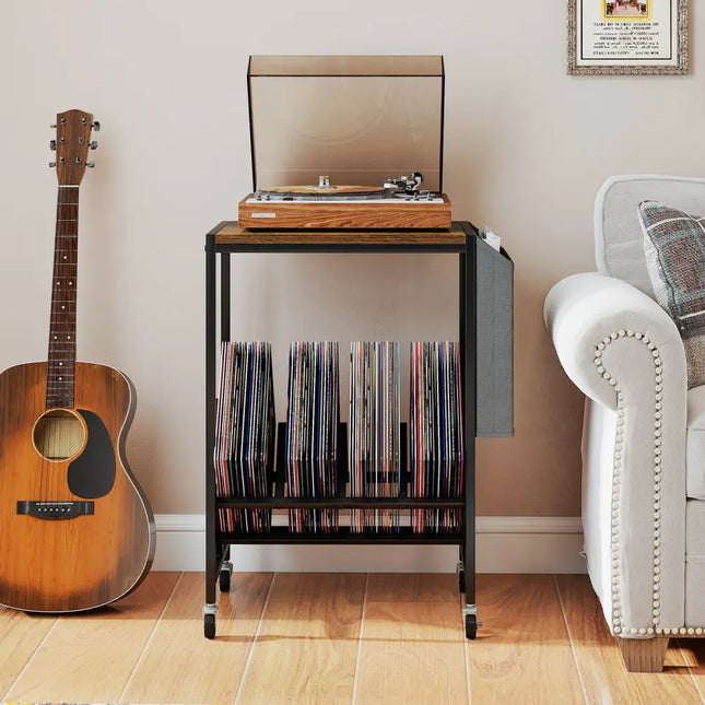 Rolling Record Player Stand 2-Tier with Vinyl Storage and Magazine Holder Bag-Rustic Brown - Rustic Brown - End & Side
