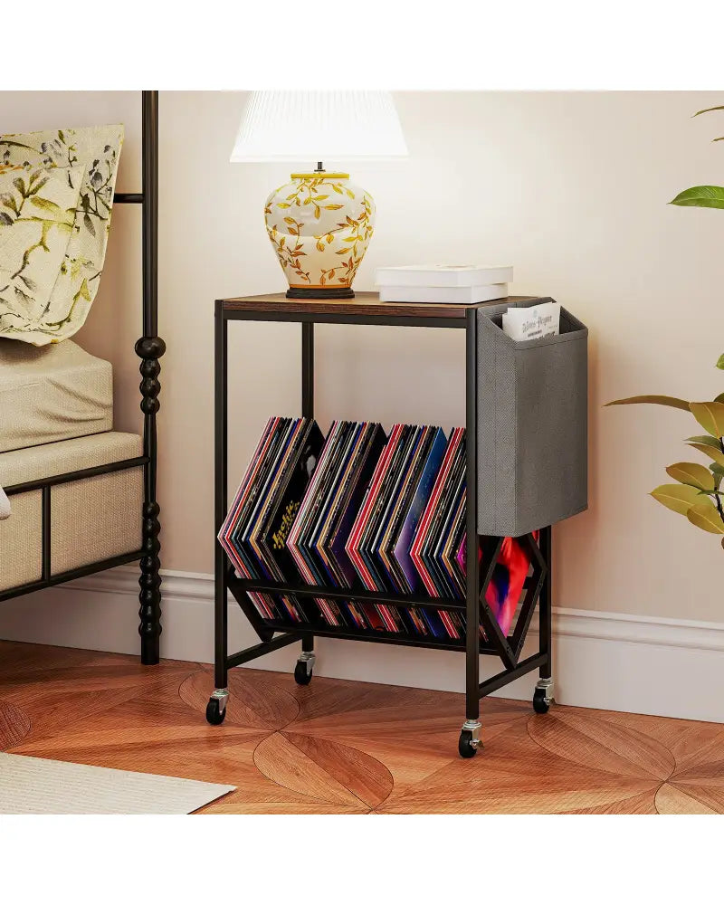 Rolling Record Player Stand 2-Tier with Vinyl Storage and Magazine Holder Bag-Rustic Brown - Rustic Brown - End & Side