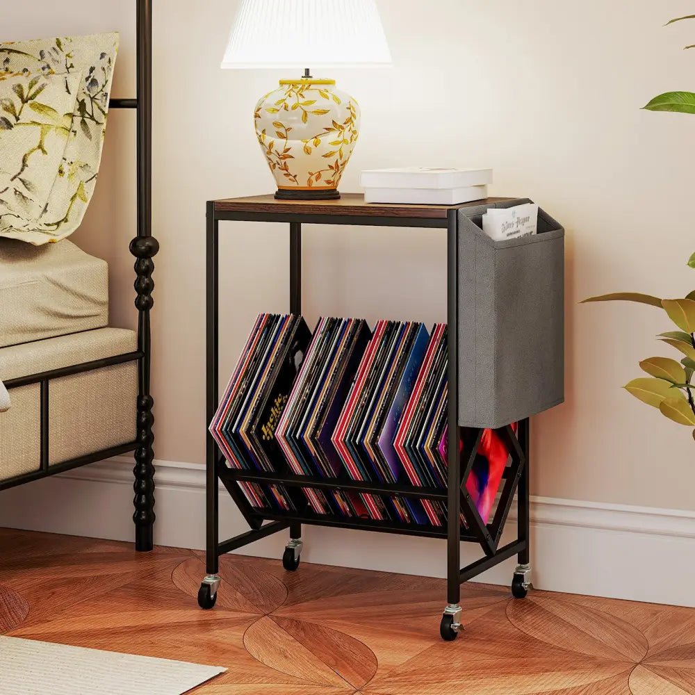 Rolling Record Player Stand 2-Tier with Vinyl Storage and Magazine Holder Bag-Rustic Brown - Rustic Brown - End & Side