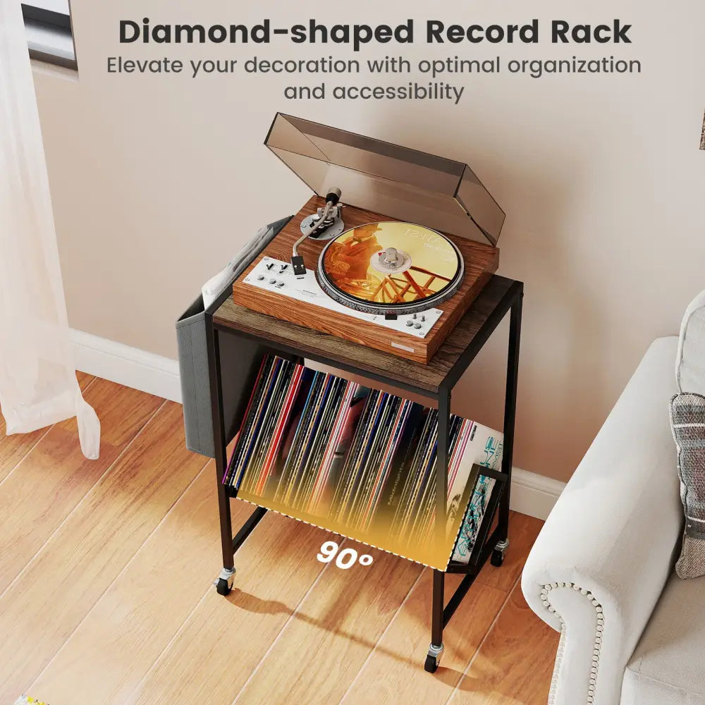 Rolling Record Player Stand 2-Tier with Vinyl Storage and Magazine Holder Bag-Rustic Brown - Rustic Brown - End & Side