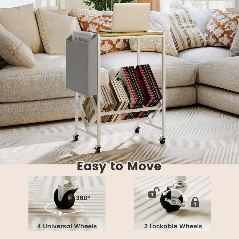 Rolling Record Player Stand 2-Tier with Vinyl Storage and Magazine Holder Bag-Natural - Natural - End & Side Tables