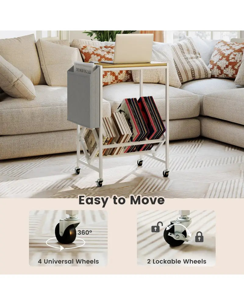 Rolling Record Player Stand 2-Tier with Vinyl Storage and Magazine Holder Bag-Natural - Natural - End & Side Tables