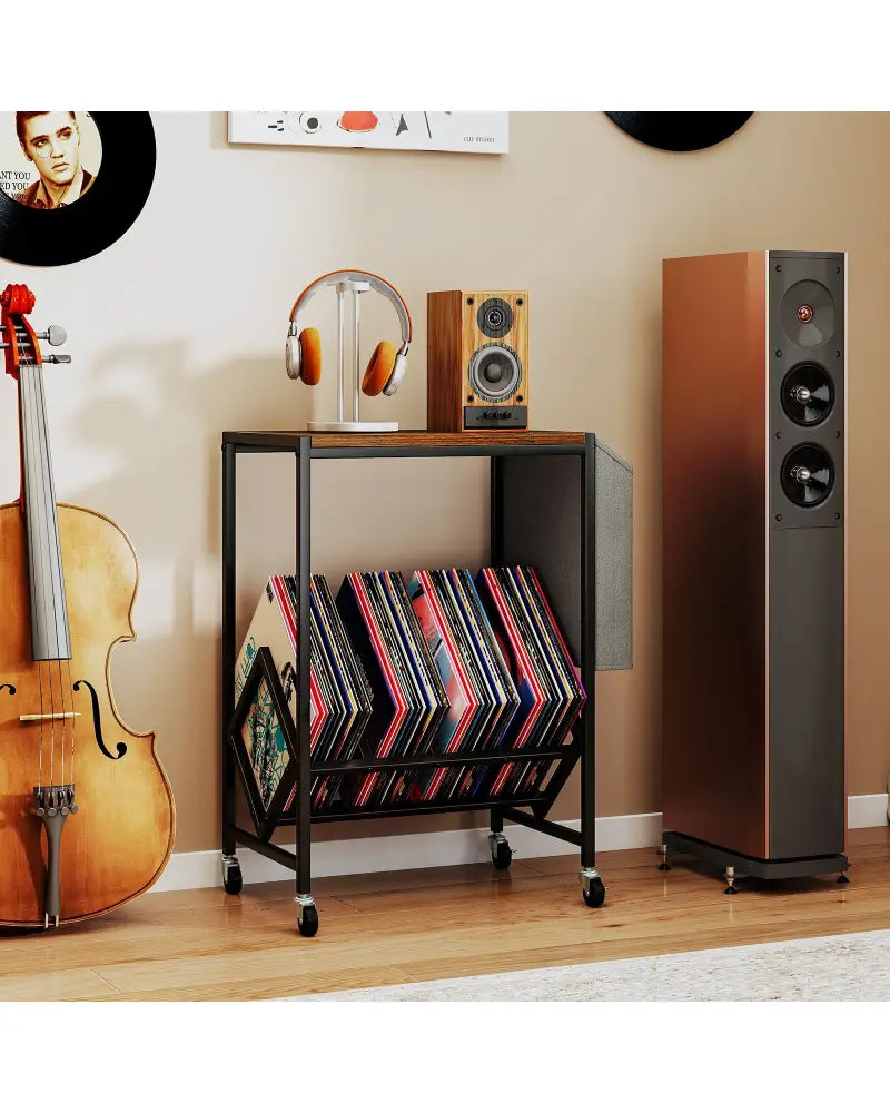 Rolling Record Player Stand 2-Tier with Vinyl Storage and Magazine Holder Bag-Rustic Brown - Rustic Brown - End & Side