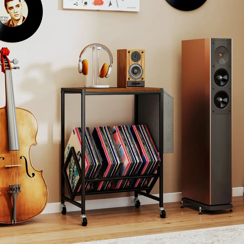 Rolling Record Player Stand 2-Tier with Vinyl Storage and Magazine Holder Bag-Rustic Brown - Rustic Brown - End & Side