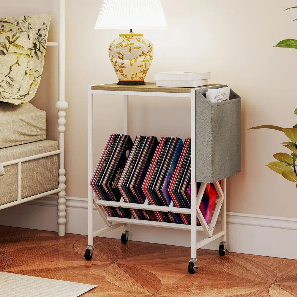 Rolling Record Player Stand 2-Tier with Vinyl Storage and Magazine Holder Bag-Natural - Natural - End & Side Tables