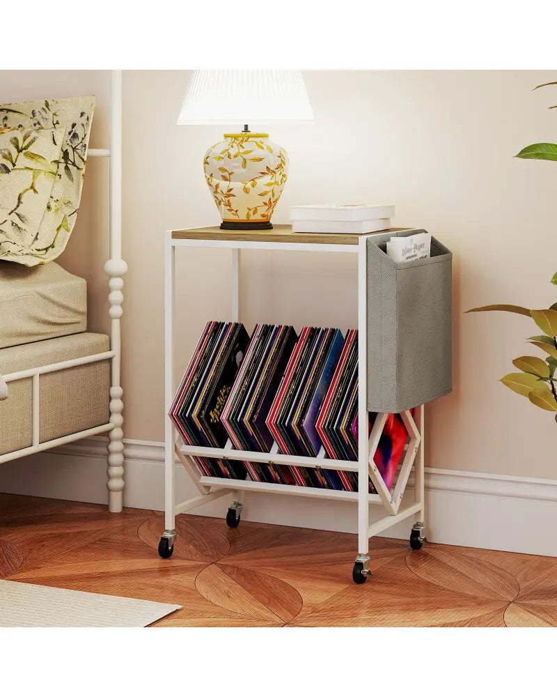 Rolling Record Player Stand 2-Tier with Vinyl Storage and Magazine Holder Bag-Natural - Natural - End & Side Tables