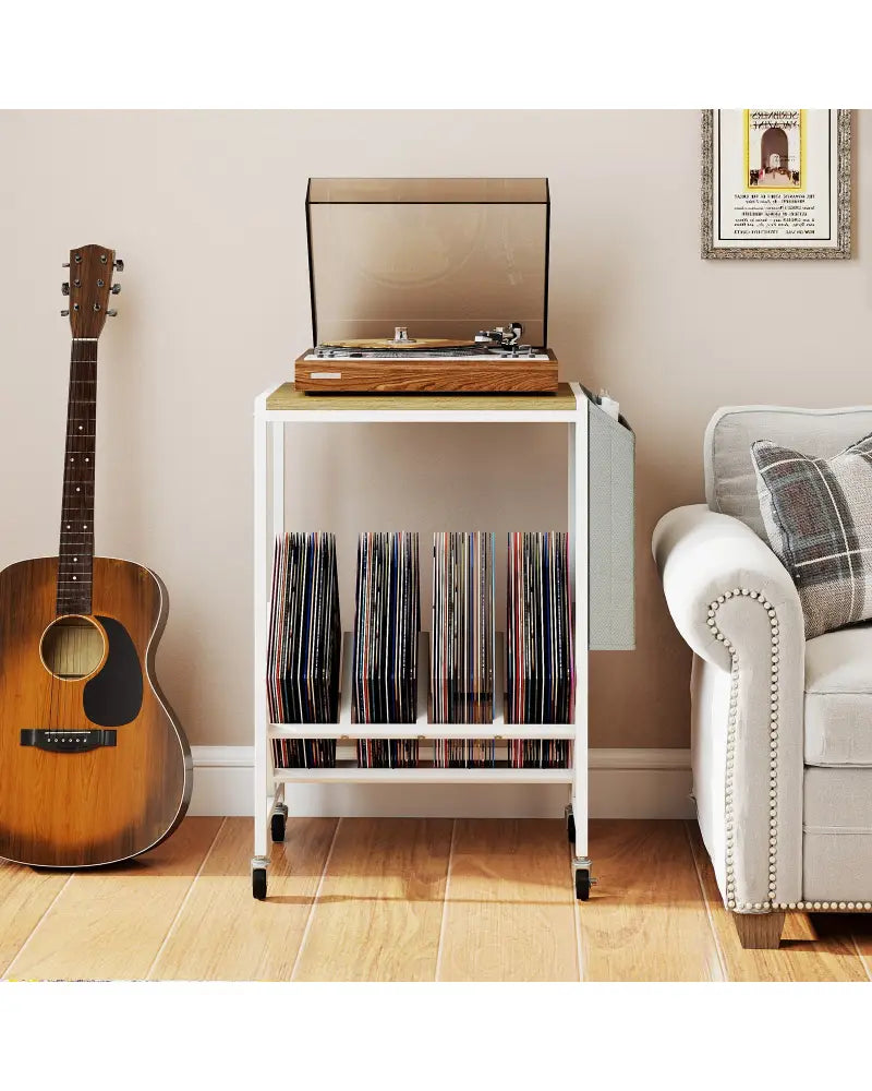 Rolling Record Player Stand 2-Tier with Vinyl Storage and Magazine Holder Bag-Natural - Natural - End & Side Tables