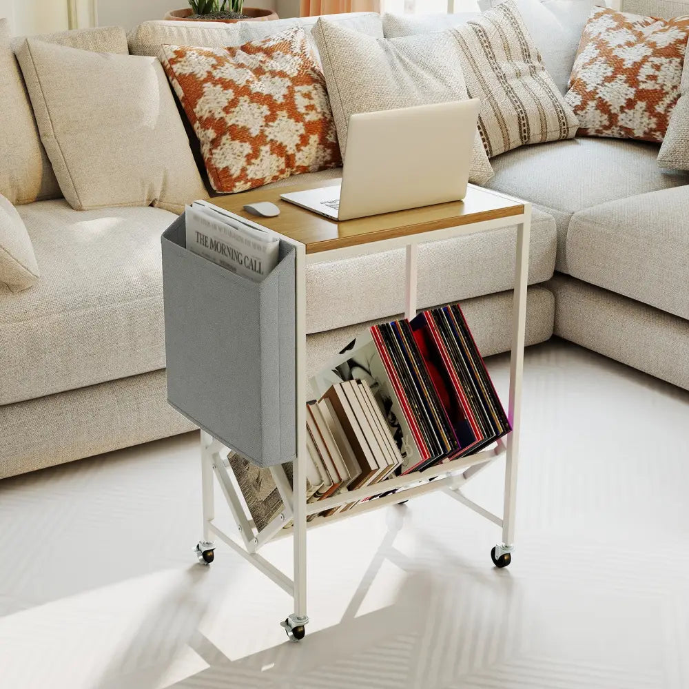 Rolling Record Player Stand 2-Tier with Vinyl Storage and Magazine Holder Bag-Natural - Natural - End & Side Tables